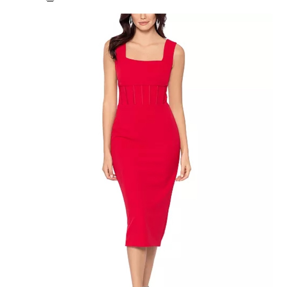 Betsy & Adam Red Sleeveless Square-Neck Midi Sheath Dress